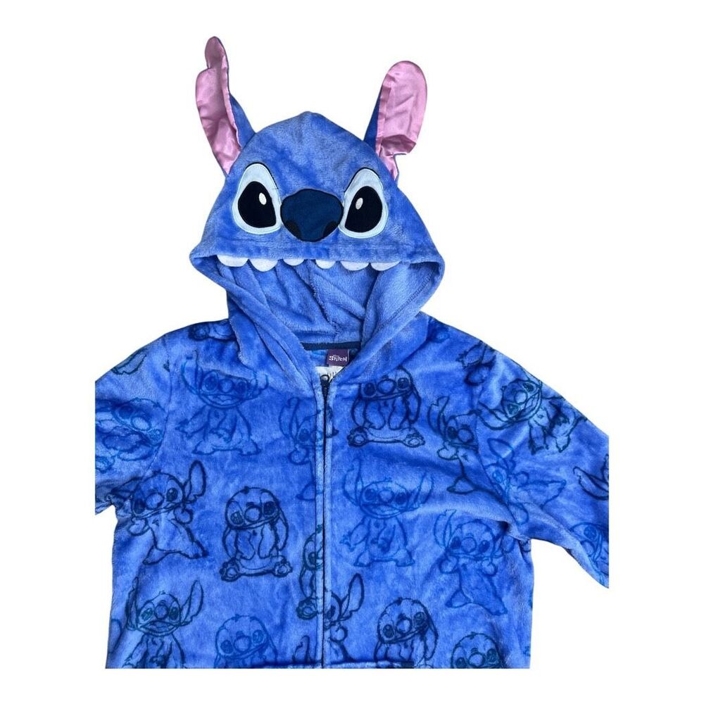 Disney Stitch Women’s One-Piece Pajama Blue Fleece Plush Hooded Size XL 16/18
